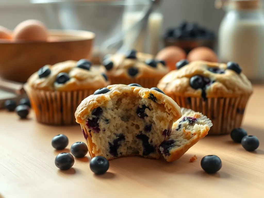 Wilgotne, puszyste muffinki jagodowe na stole, jedna przekrojona, ukazująca miękki środek w przytulnej, domowej scenerii.