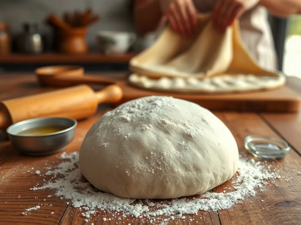 Kulka gładkiego ciasta na pizzę z wałkiem i oliwą, w tle ręce rozciągające placek – przygotowanie idealnego spodu.