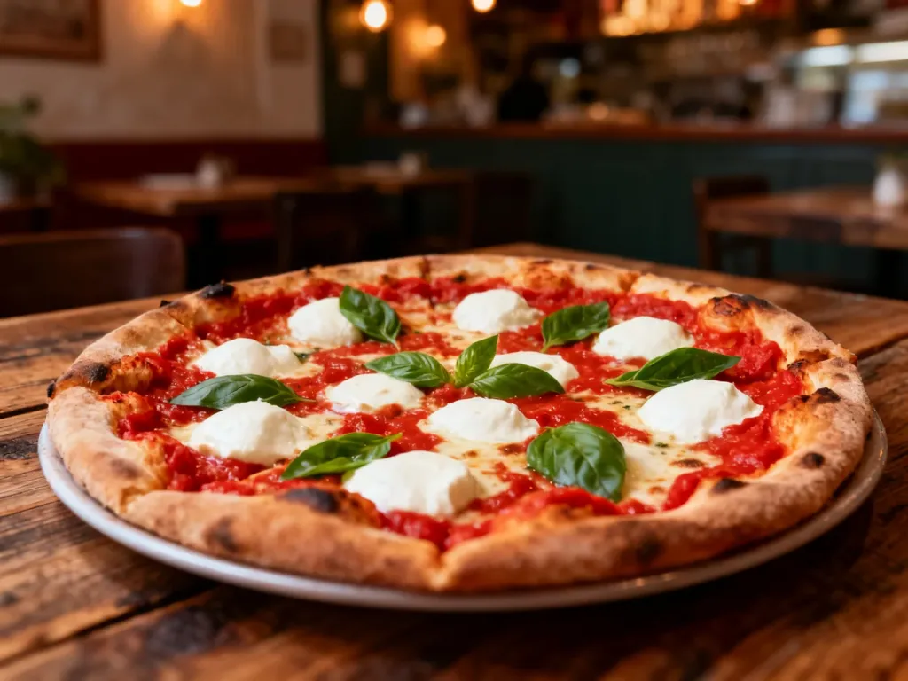 Świeża pizza neapolitańska z mozzarellą i bazylią na drewnianym stole w przytulnej włoskiej pizzerii.