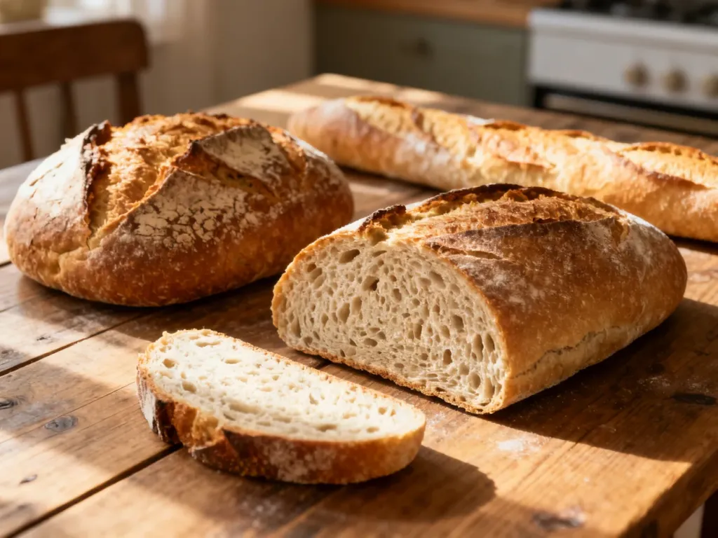 Różne rodzaje świeżego pieczywa, w tym chleb na zakwasie i bagietka, ułożone na rustykalnym drewnianym stole.