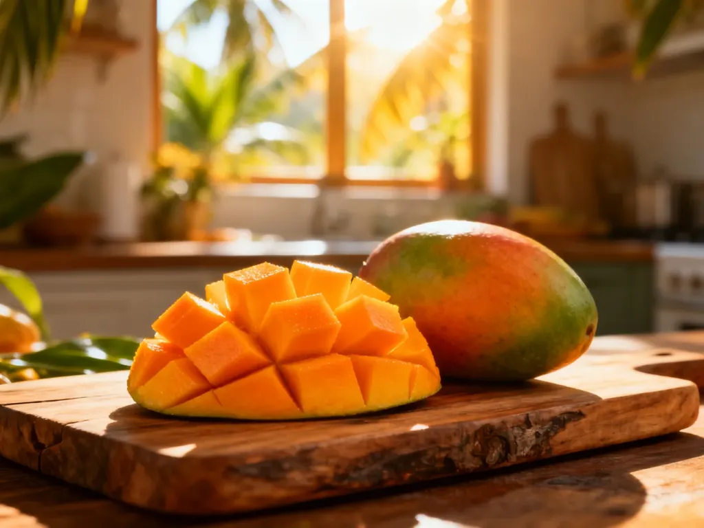Pokrojone w kostkę dojrzałe mango na drewnianej desce w słonecznej kuchni.