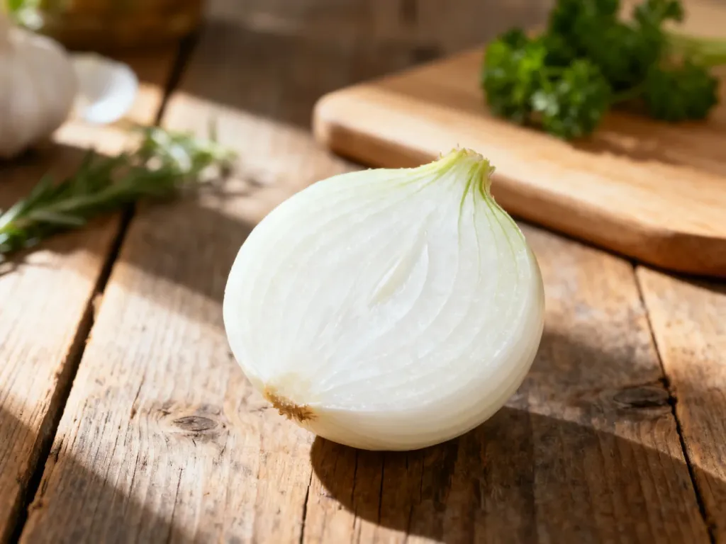 Obrana biała cebula na drewnianym stole w kuchni, podkreślająca świeżość i naturalne pochodzenie produktu.
